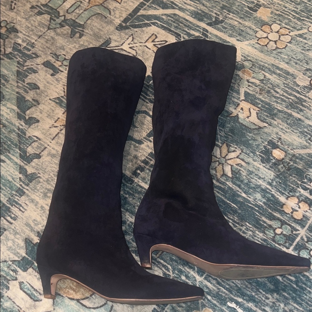 Elegant Navy Blue Kitten Heel Suede Knee-High Boots
